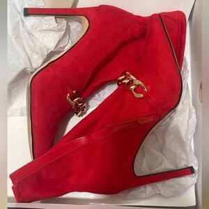 Nine West Red Suede Stiletto Ankle Boots with Gold Chain